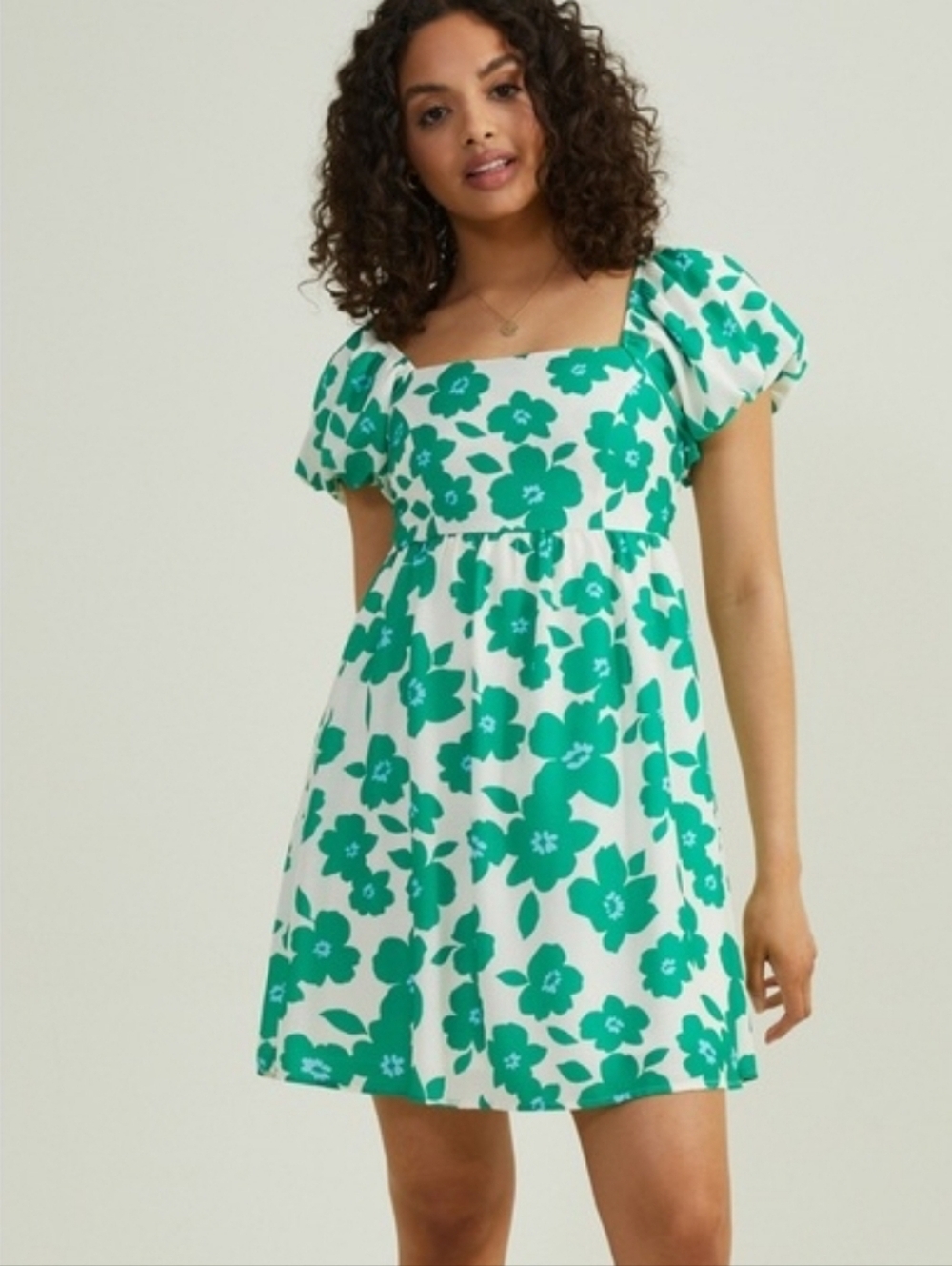 Altar'd State Green Floral Bubble Sleeve Mini Dress Square Neck Smocked Back S